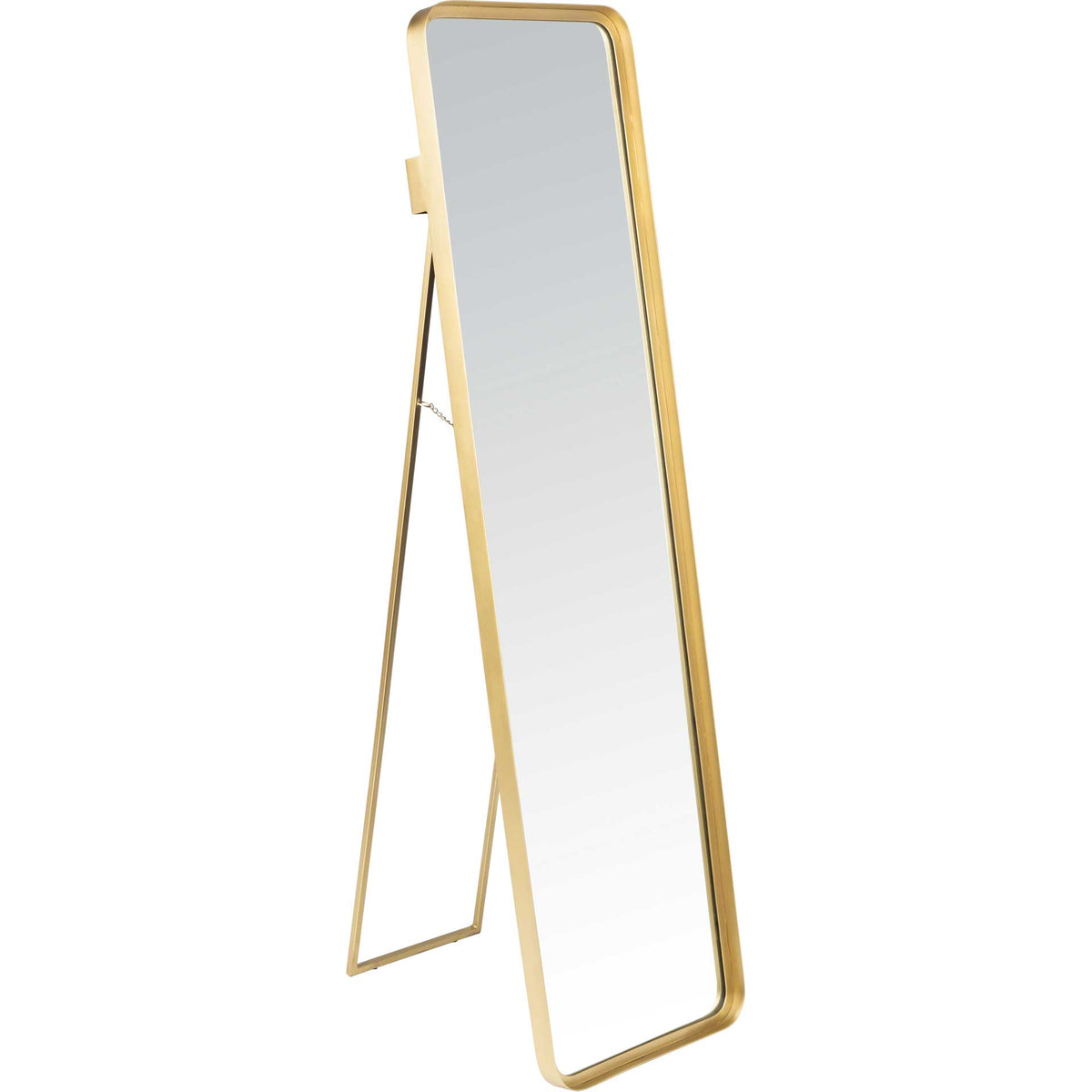 A slender metal easel supports the rounded full-length mirror for freestanding display || MRR3003A || front_angle_studio