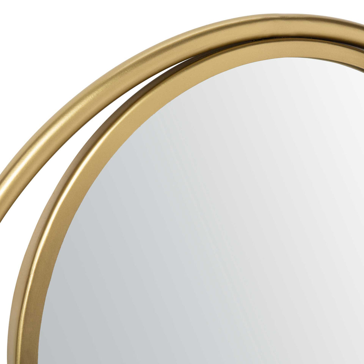 Smooth brass-finished rings create a layered border around the reflective glass