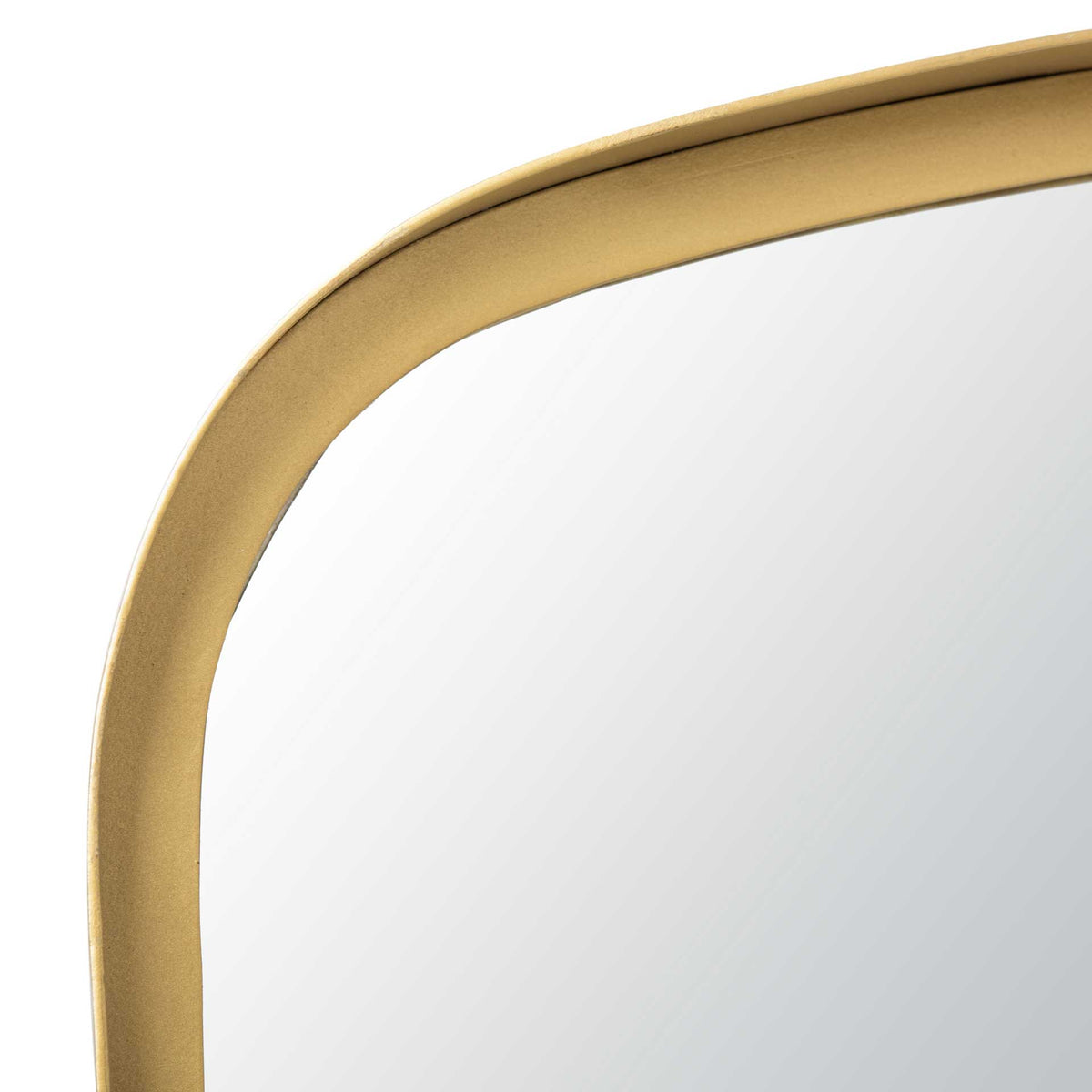 A smooth gold-finished frame curves around the reflective glass