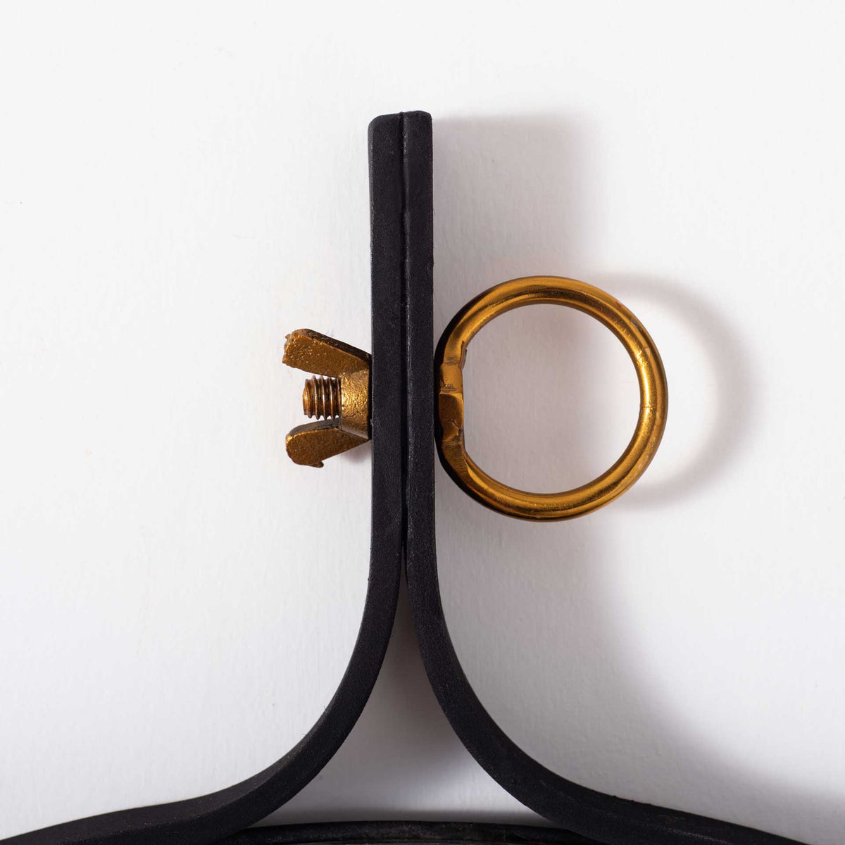 Gold-toned ring and wing nut contrast with the mirror's sculpted black frame