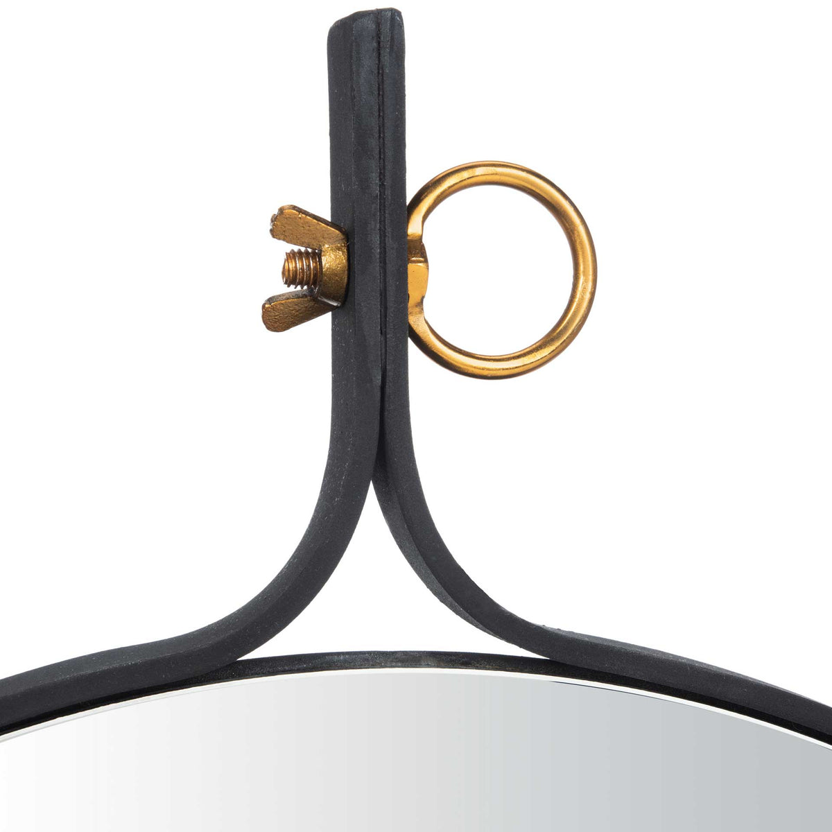 Curved black metal meets a gold-toned ring and wing nut above the mirror