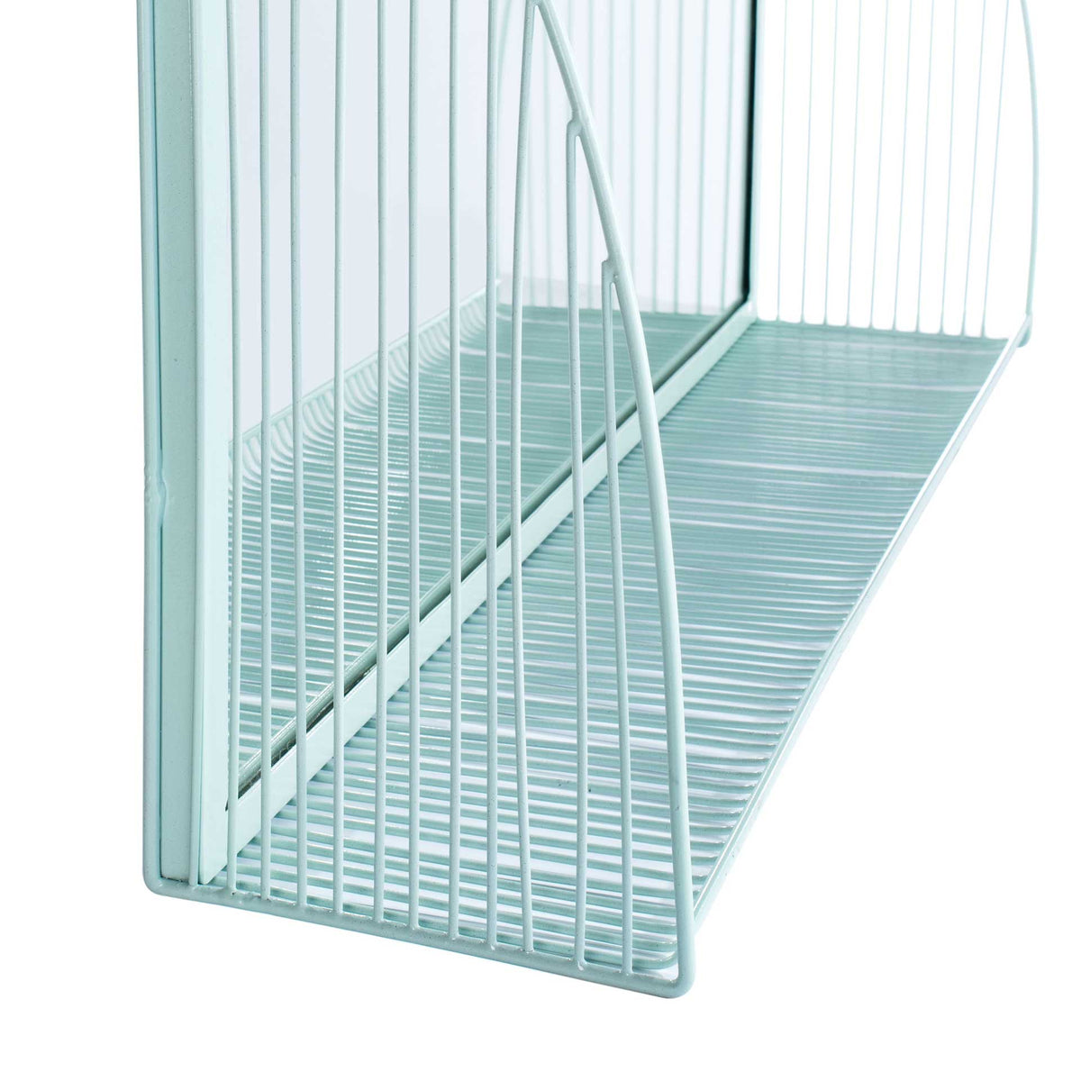 Slender teal rods form an open display shelf with angular supports
