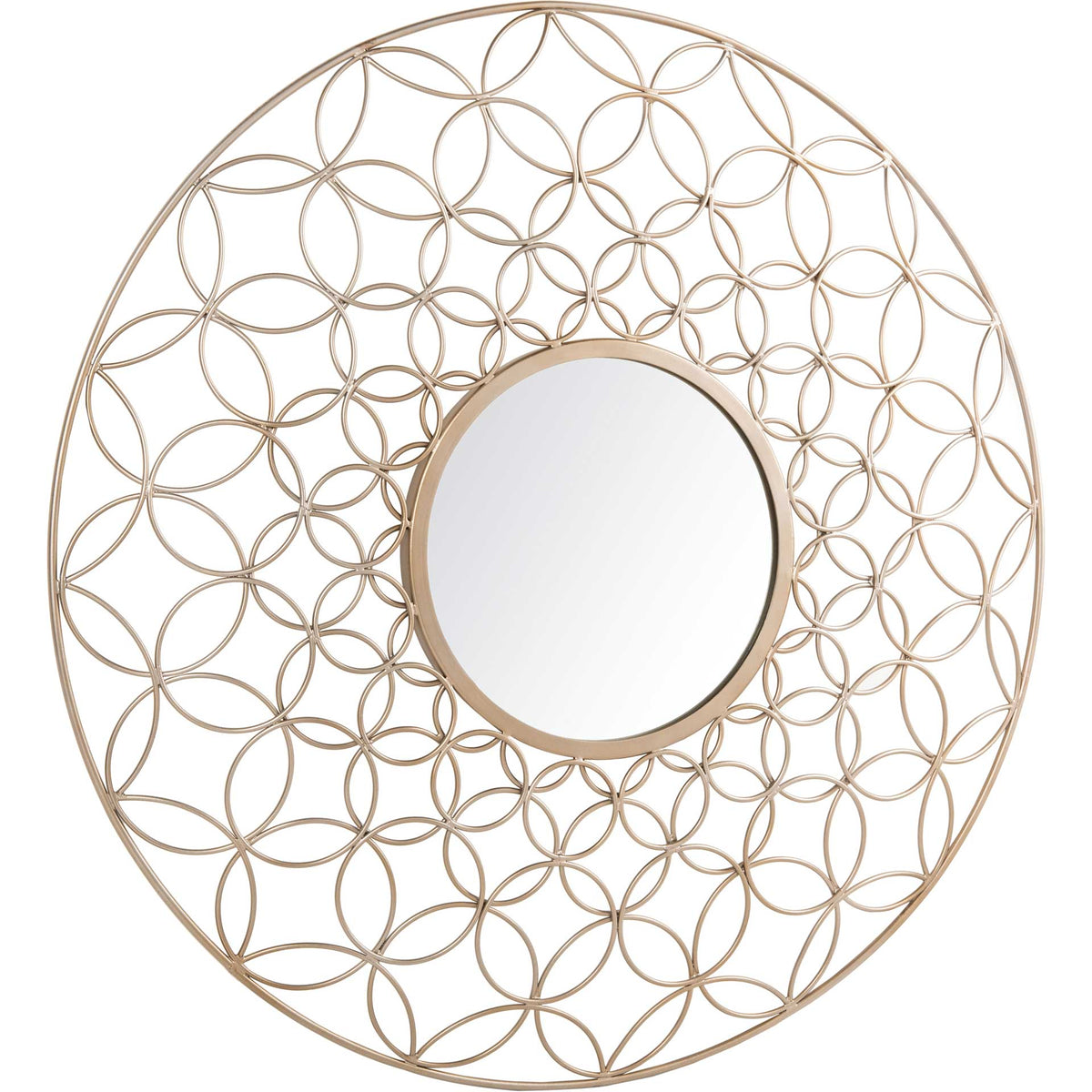 A central mirror sits within a delicate lattice of champagne-toned metal rings