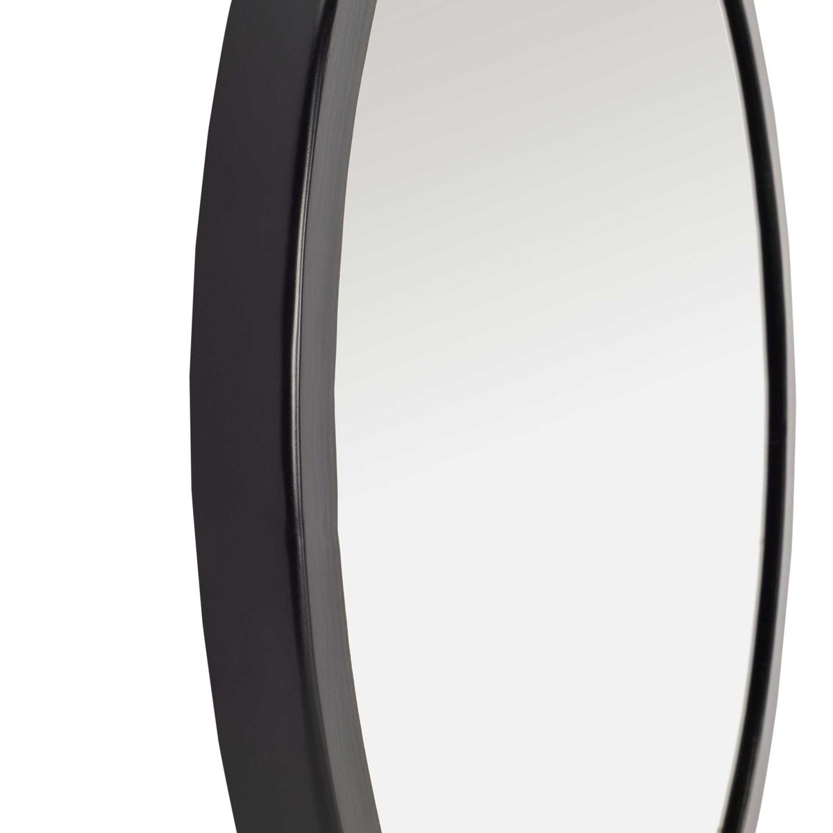 Smooth black metal edging creates a crisp border around the mirror glass.