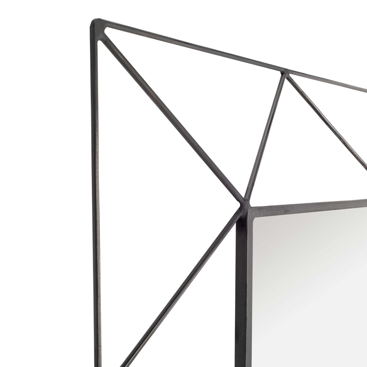 Intersecting gunmetal iron spokes form an open geometric border around the mirror.