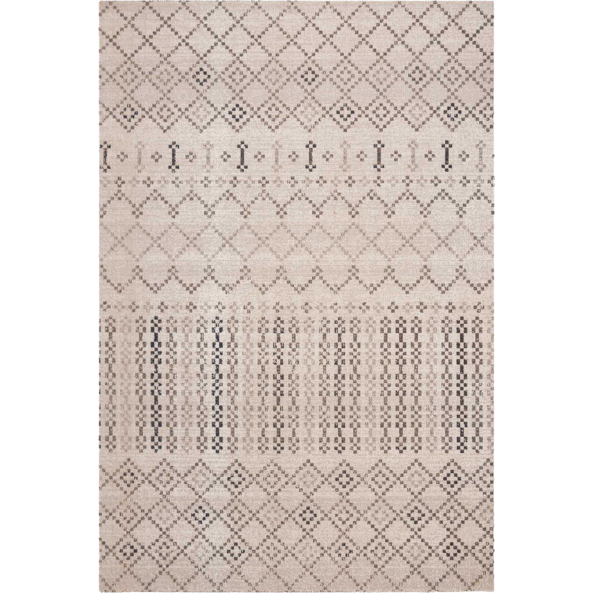 Delicate diamond patterns and rows of charcoal dots give this rectangular rug intricate detail.