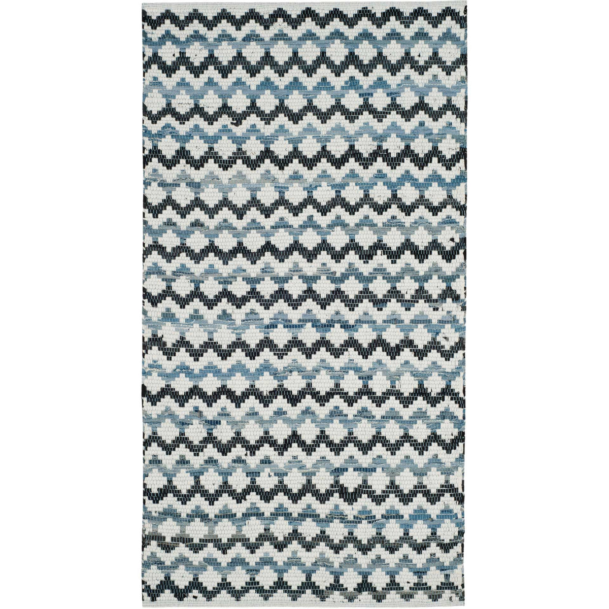 3' x 5' ivory rug with bold black chevrons and pale blue woven highlights