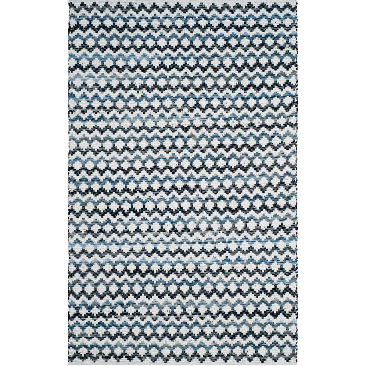 Ivory cotton rug marked by narrow blue and black zigzags across a roomy rectangle || MTK120A-8 || top_studio