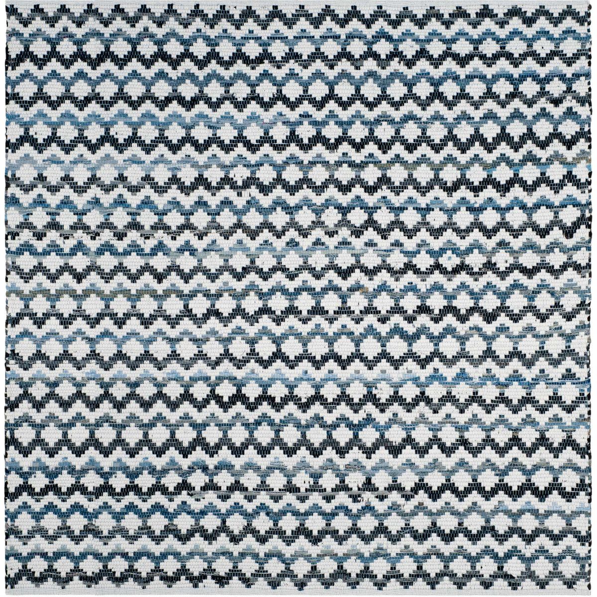 Ivory cotton rug marked by narrow blue and black zigzags across a roomy rectangle || MTK120A-8 || top_studio