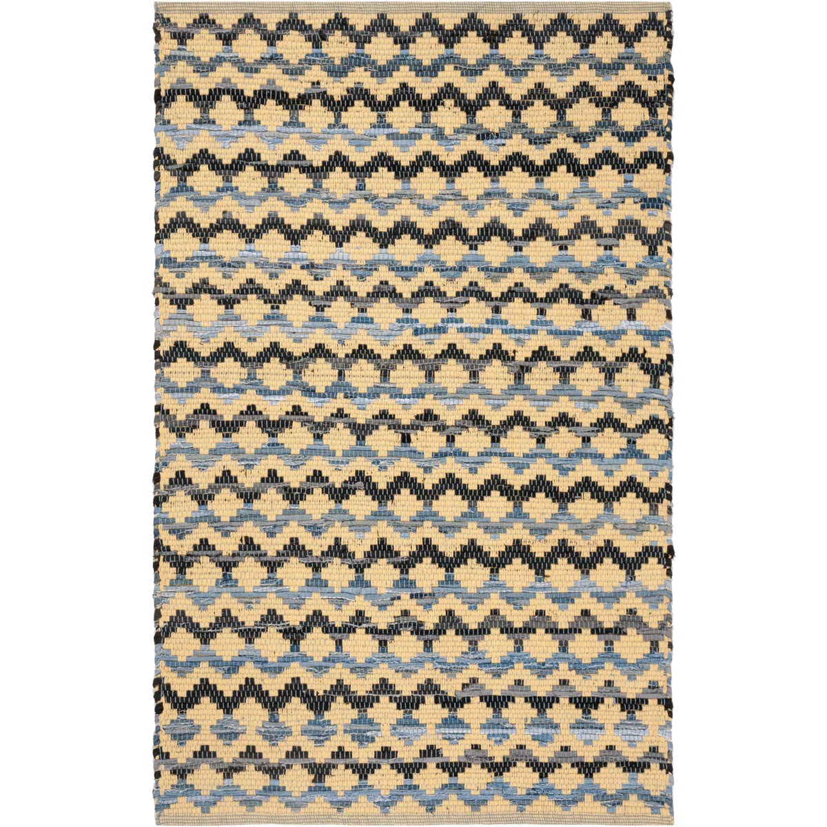 Small gold and blue cotton rug with bold black waves and textured horizontal bands