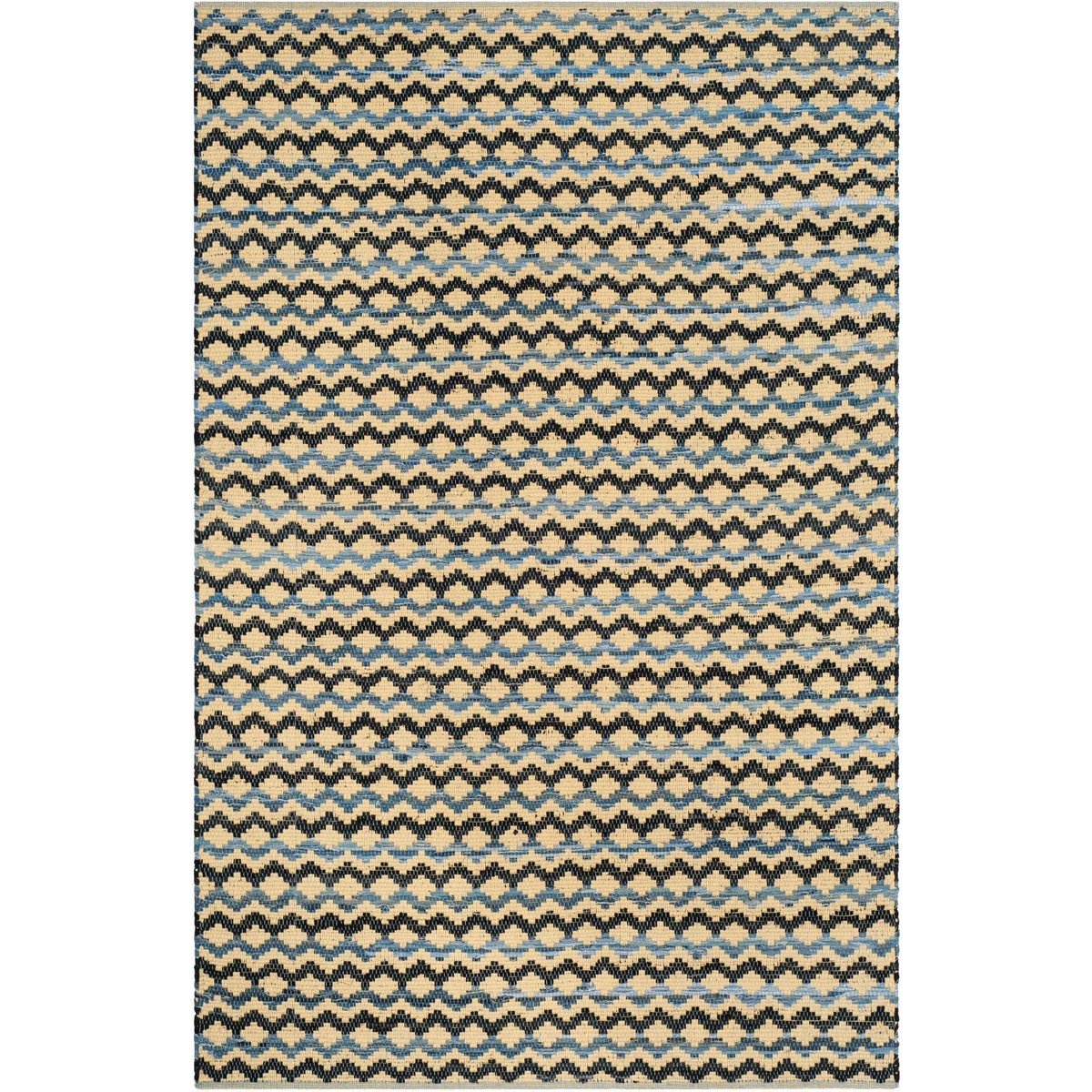 Handwoven gold cotton rug with densely repeated blue and black wave motifs