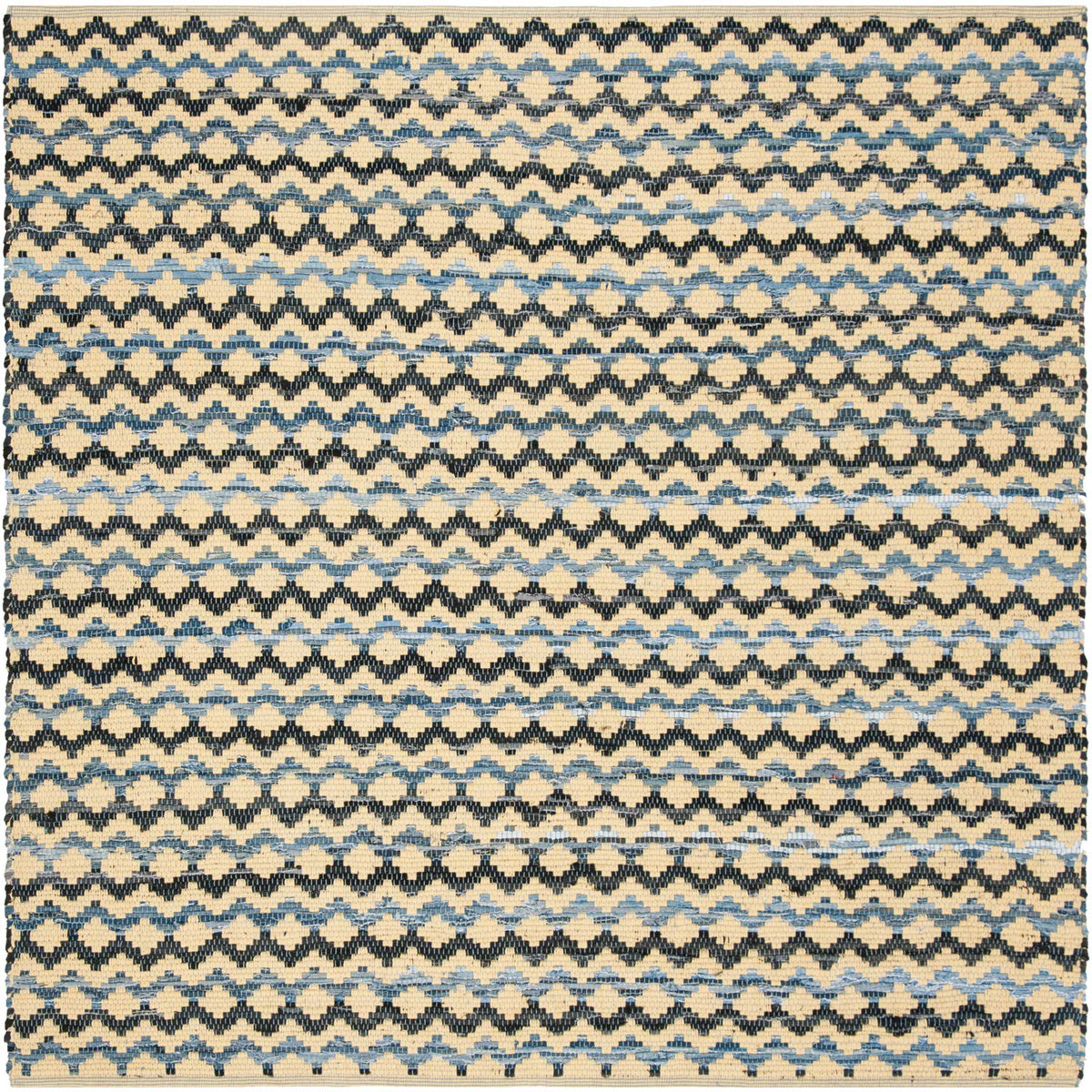 Square gold rug interweaves blue and black ripples for bold geometric texture