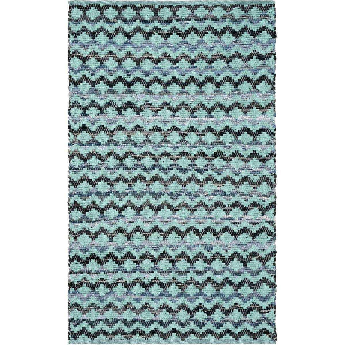 Small turquoise rug with bold black zigzags and mottled blue cotton stripes