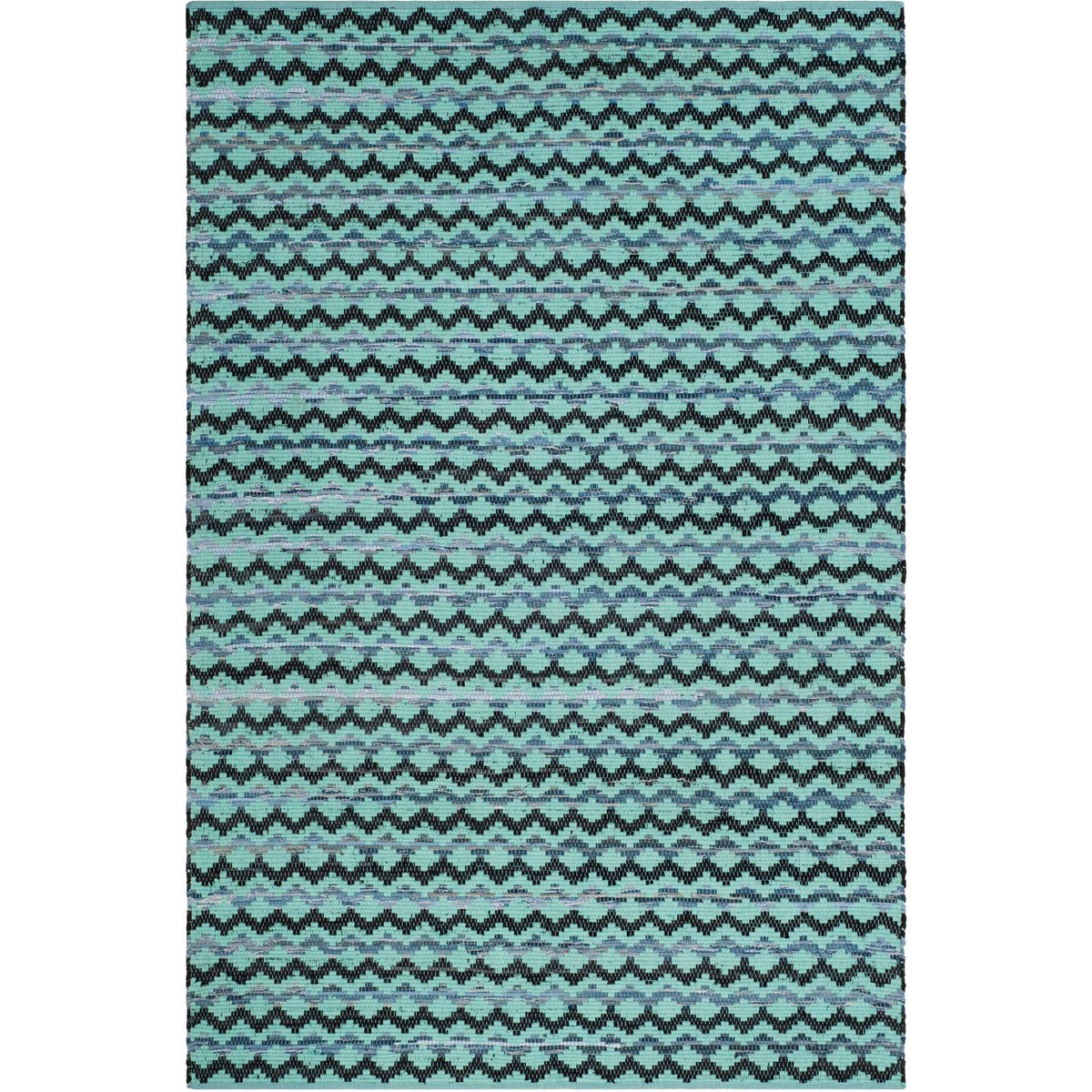 Vibrant turquoise rectangular rug with black zigzag motifs and textured blue yarns