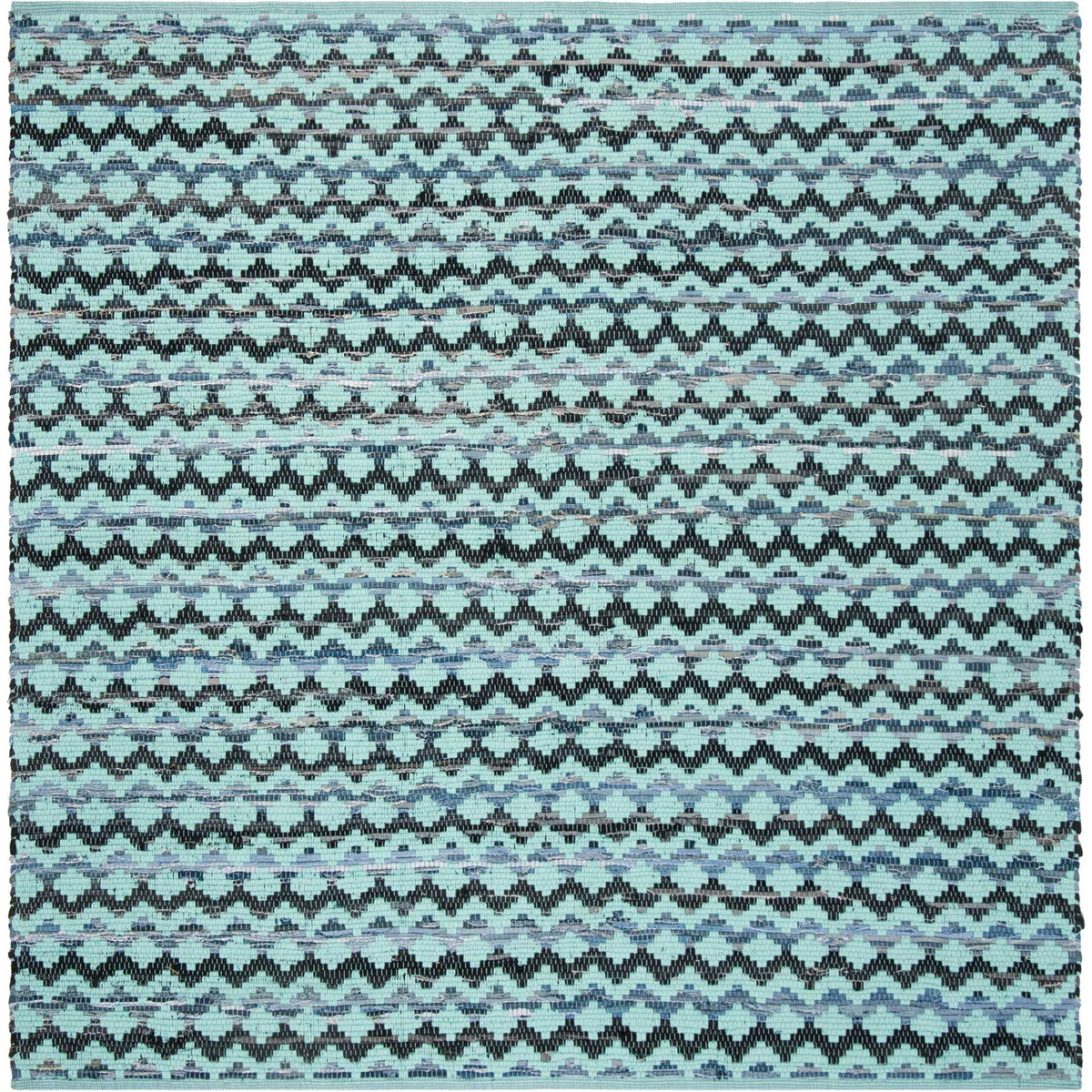 Square turquoise rug with shifting black wave bands and blue woven flecks