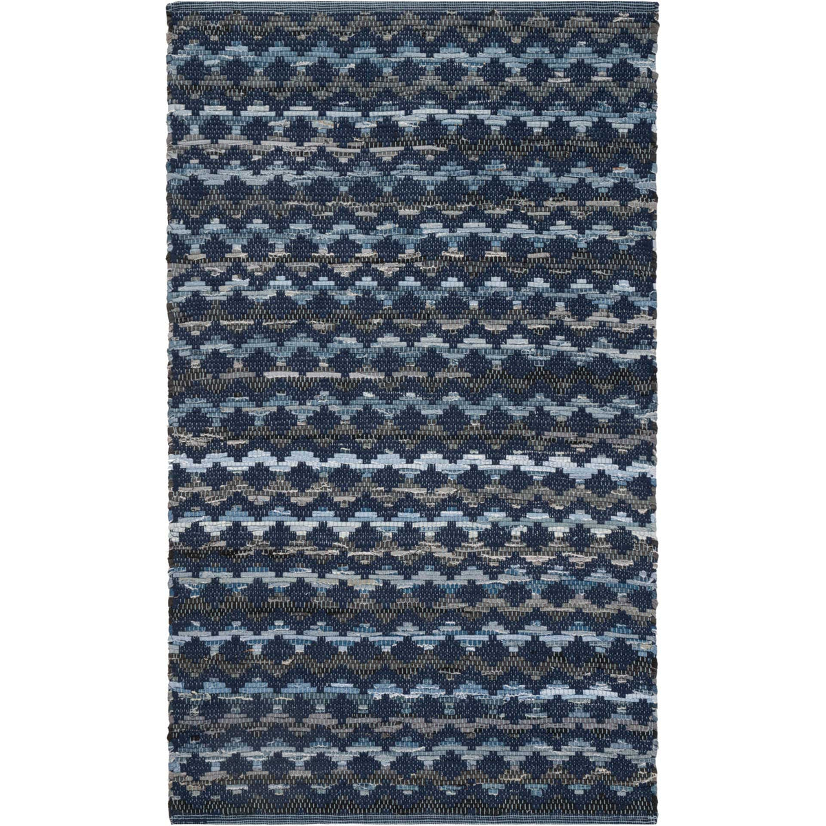 Small navy rug with irregular light blue and black zigzags running edge to edge