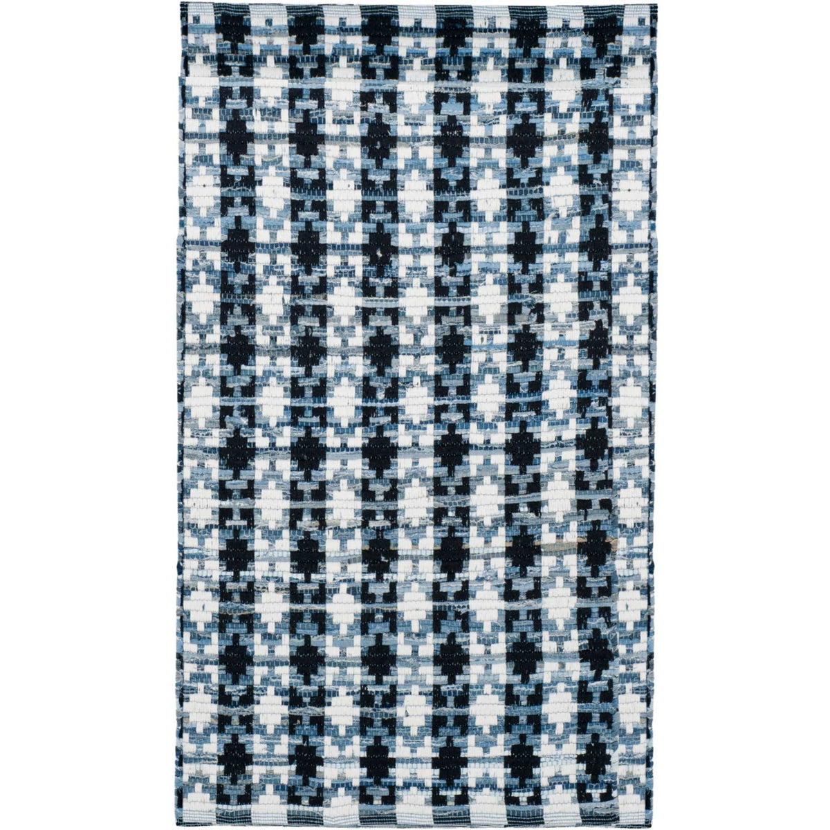 Black stepped motifs stand out against ivory and blue cotton threads on this compact rug
