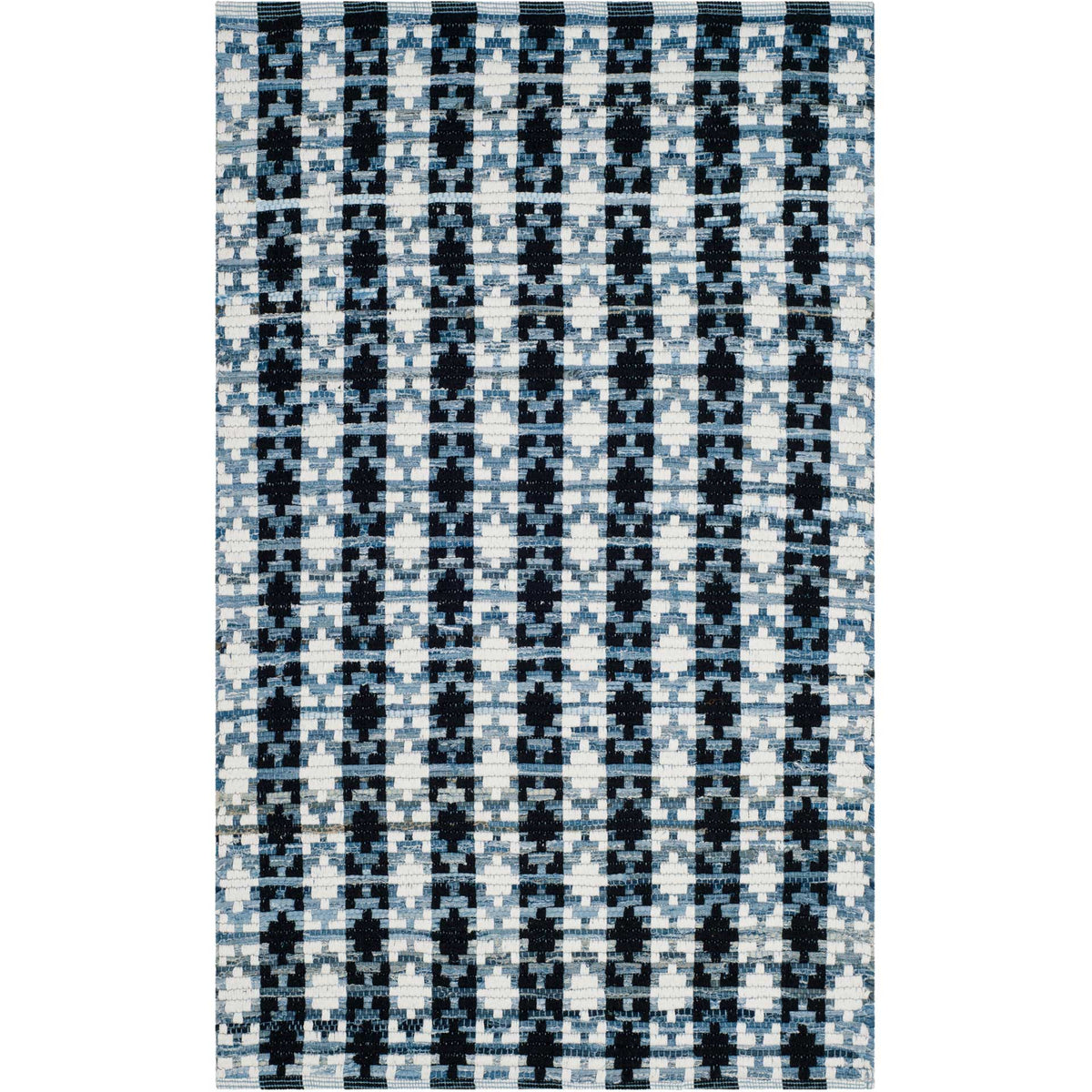 Bold black shapes repeat in vertical bands over an ivory and pale blue cotton weave