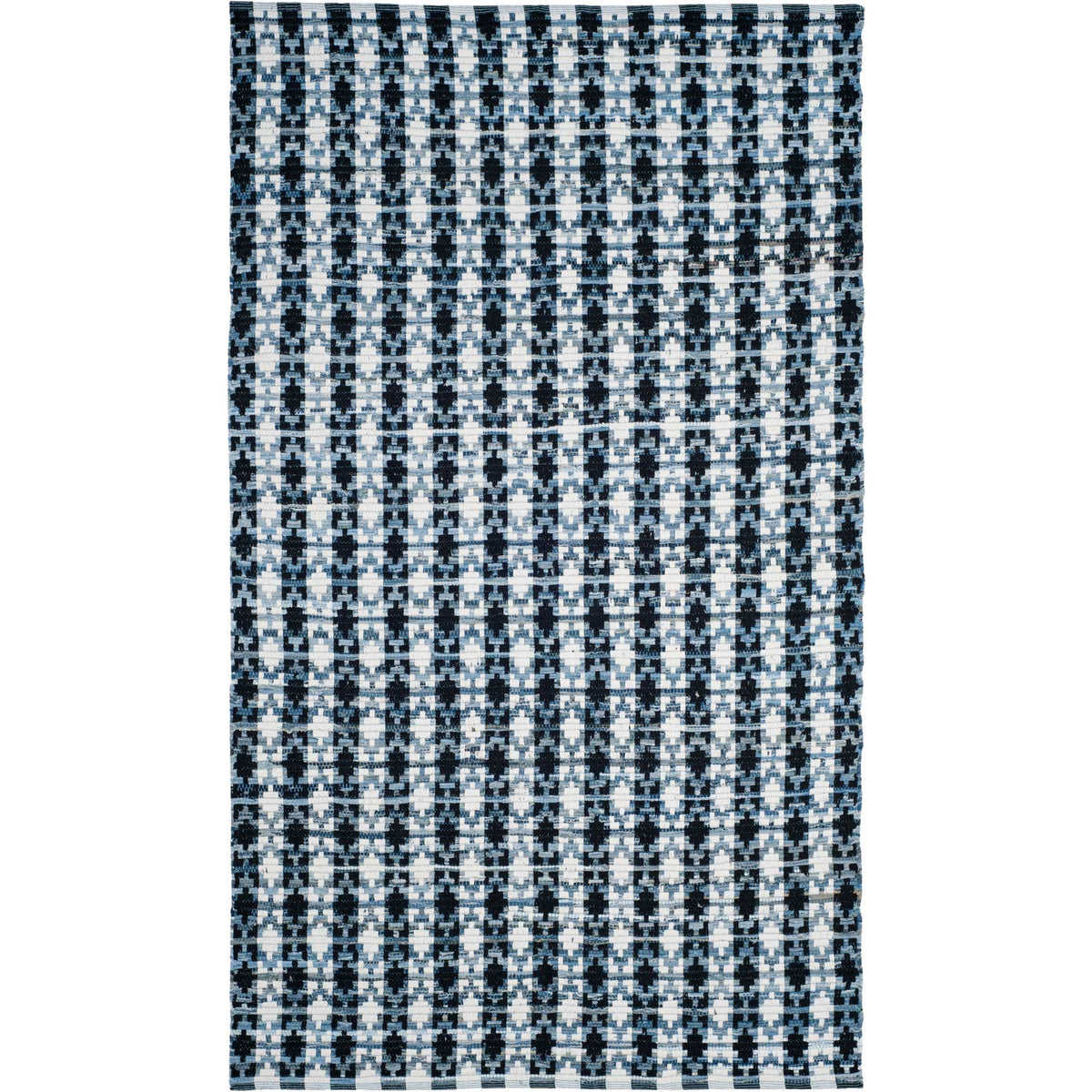 Ivory and blue cotton threads soften the bold black geometric design of this rectangular rug