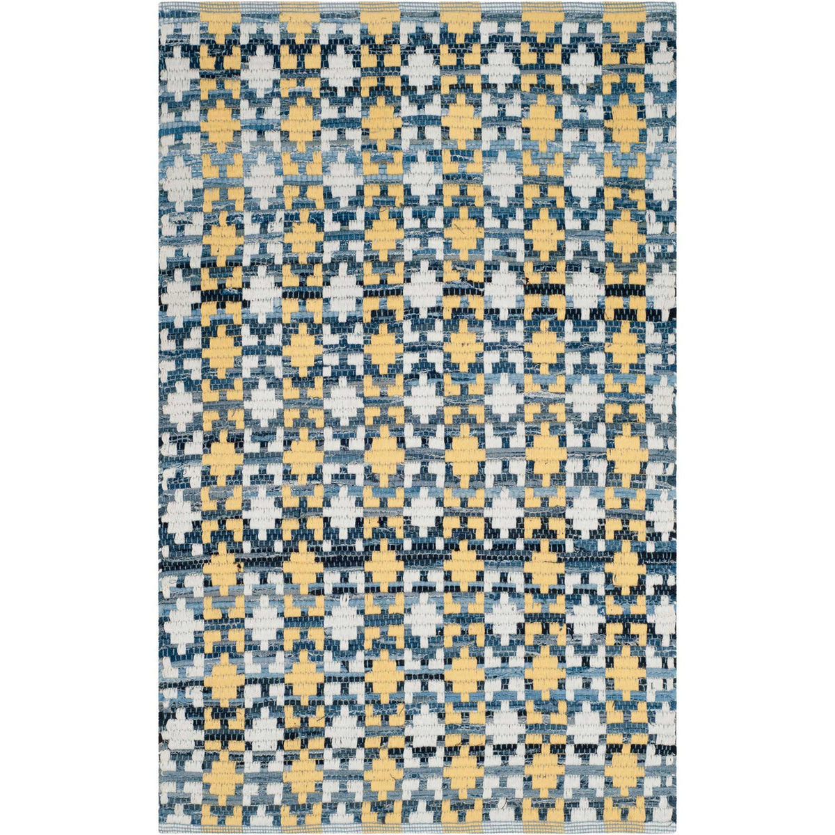 Gold and navy shapes repeat across a small cotton rug with flecks of pale ivory