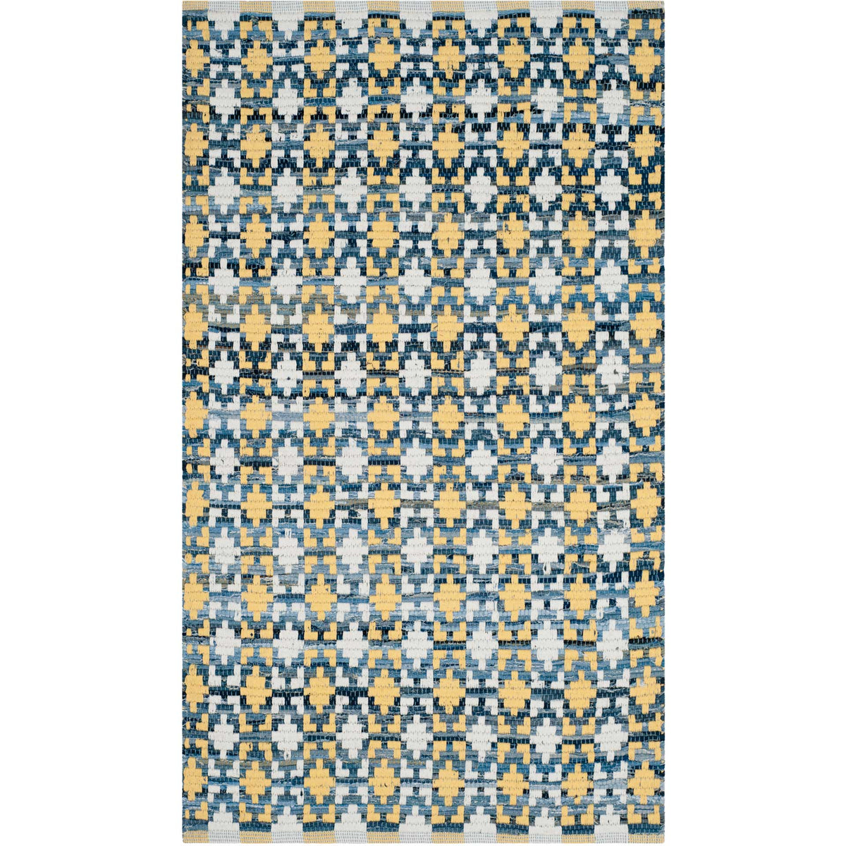 Compact cotton rug combines honey-gold accents and dark blue motifs over an ivory ground