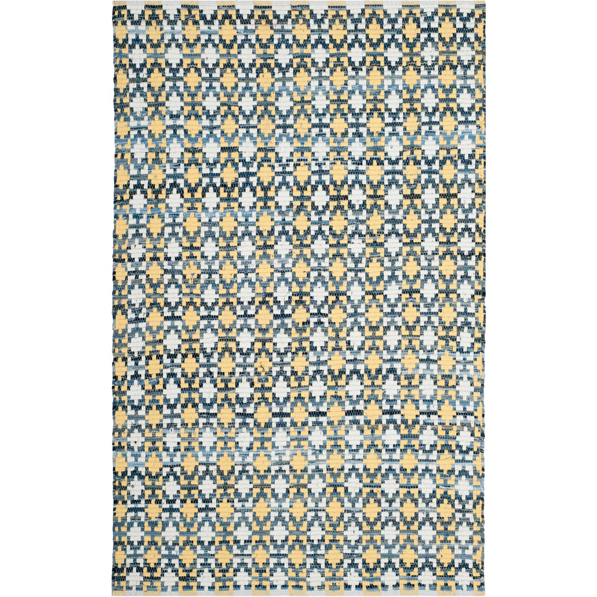 Blue geometric rows weave around warm gold highlights on this versatile cotton rug
