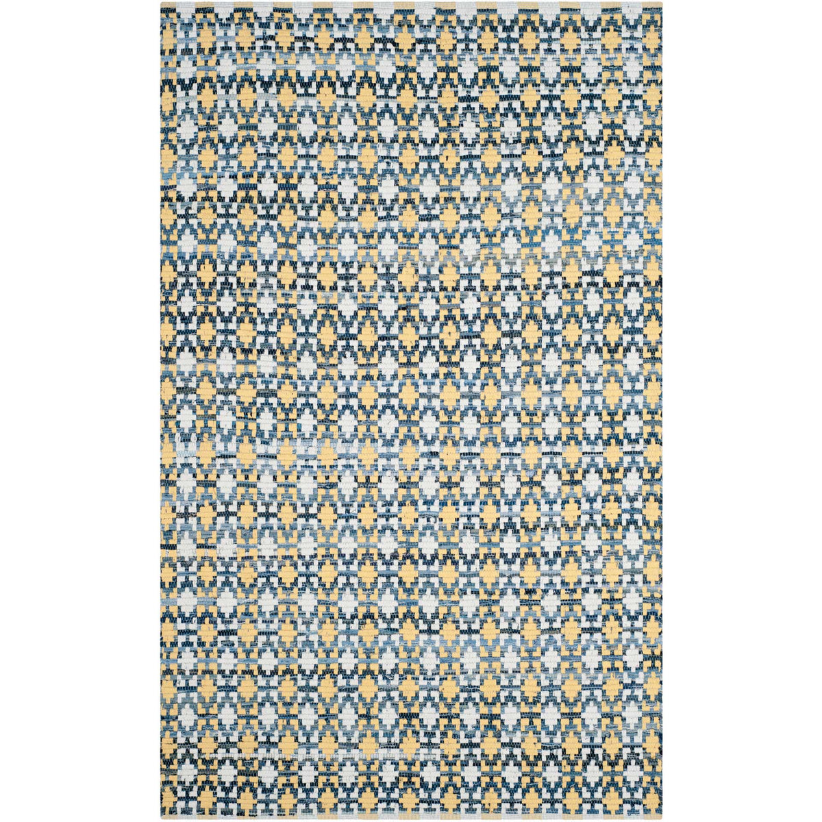 A tapestry of gold, navy, and ivory motifs gives this rectangular cotton rug lively texture