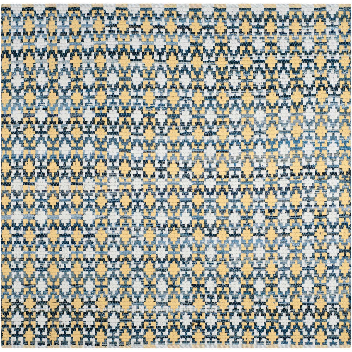 Square cotton rug pairs sunny gold shapes with blue and ivory geometric detailing