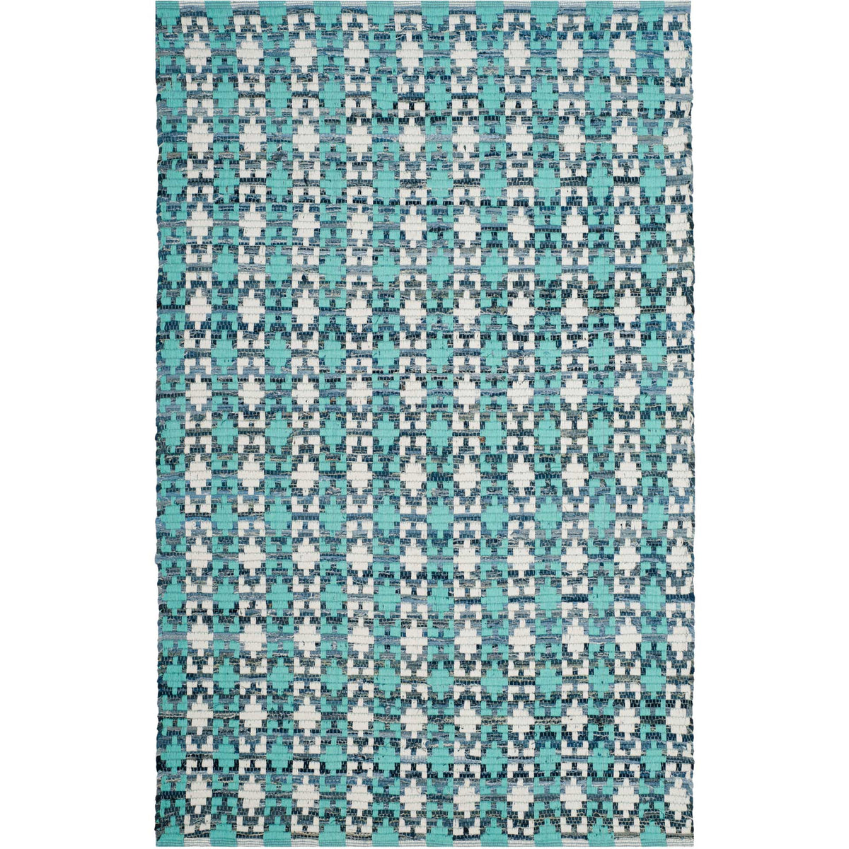 Turquoise blocks and navy threads form playful repeating patterns on this cotton rug