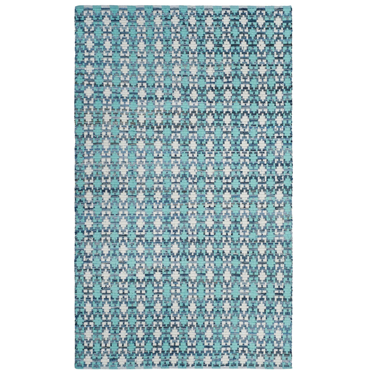 Handwoven cotton rug brings together sea-glass turquoise and deep blue geometric accents