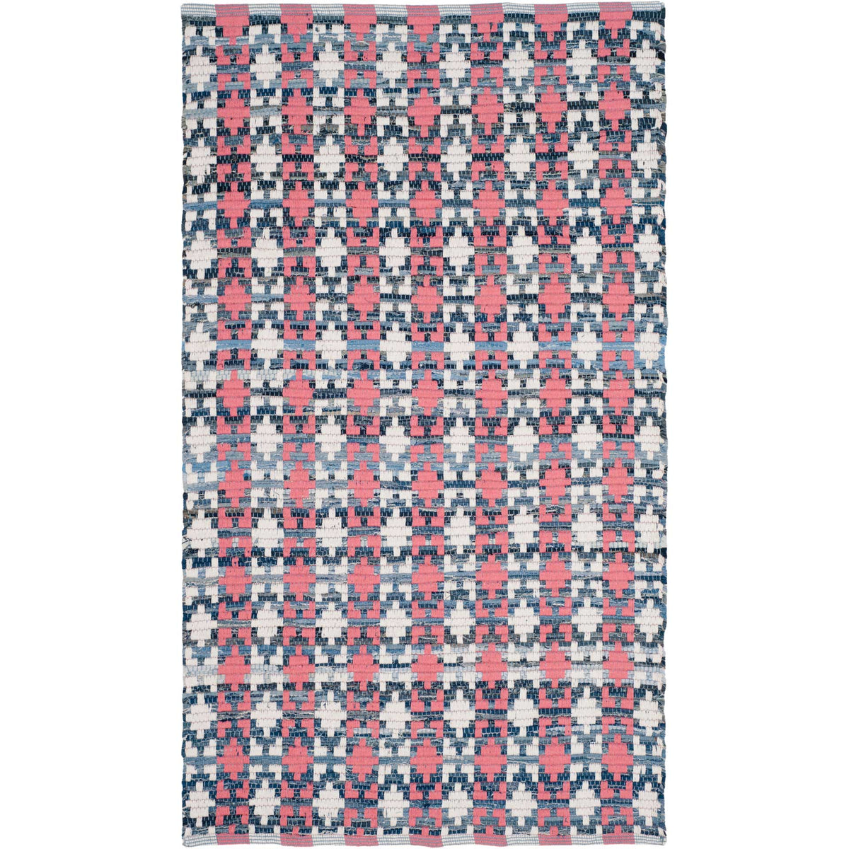 Compact cotton rug with coral geometric columns set among deep blue and ivory threads