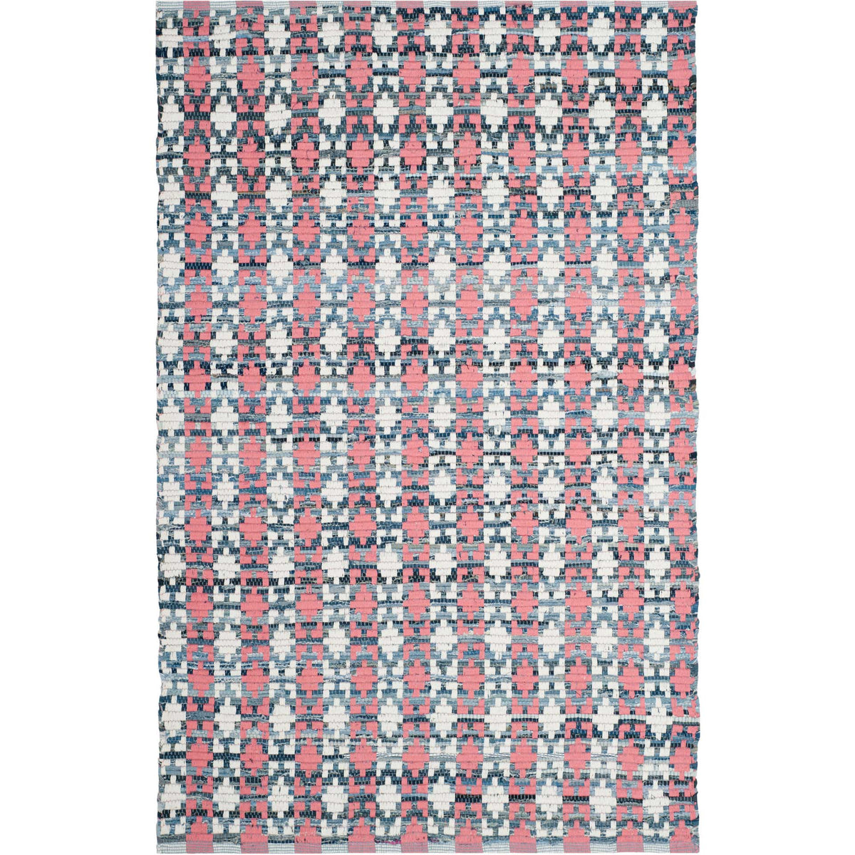 Repeating coral motifs and varied blue threads give this cotton rug a playful geometric look