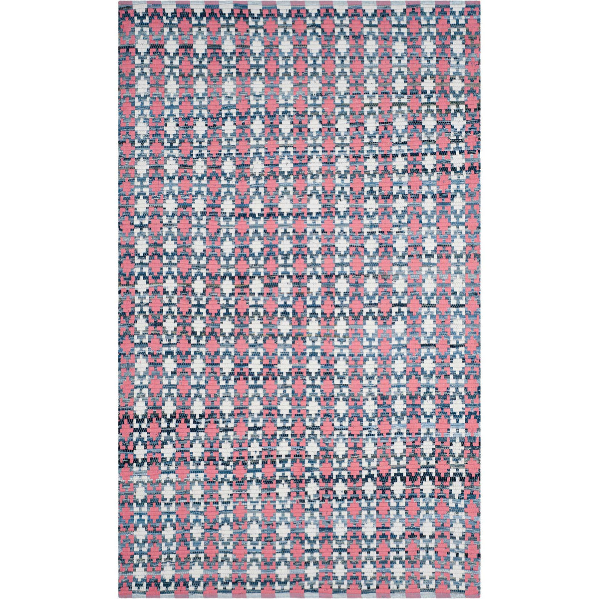 Coral accents punctuate dense navy and ivory shapes across this rectangular cotton rug