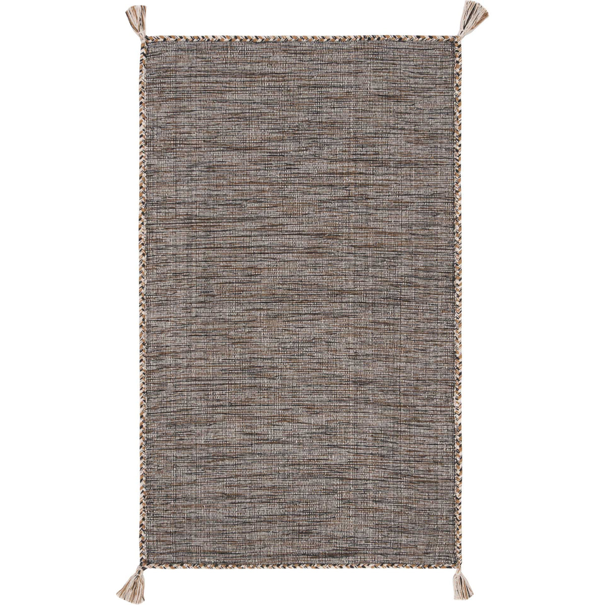 A compact 3' x 5' cotton rug blends beige and black threads with braided trim and corner tassels.