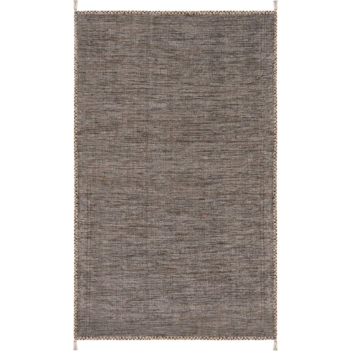 A 5' x 8' beige and black rug layers a mottled cotton weave within a braided border.