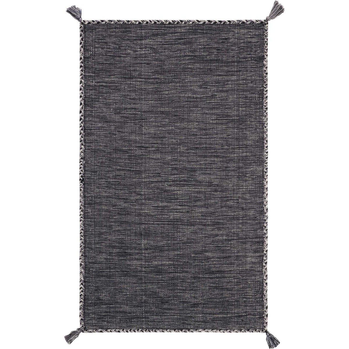 A compact gray and black rug features a heathered surface and tassels at all four corners.