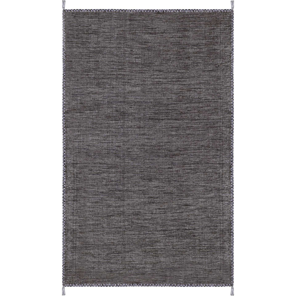 A 5' x 8' gray and black area rug combines a tight cotton weave with braided trim.