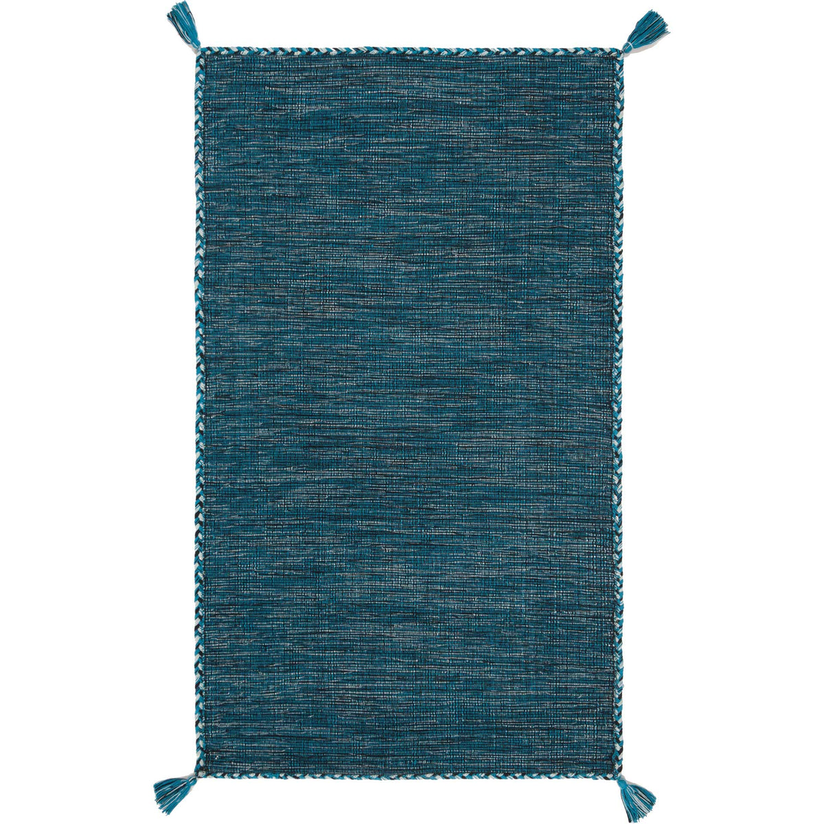 A compact blue and black cotton rug features a tonal weave, braided edges, and four corner tassels.