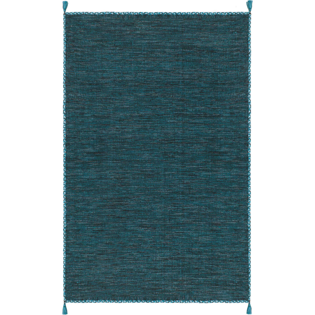 A 5' x 8' blue and black area rug shows a finely woven cotton surface with tassels at each corner.