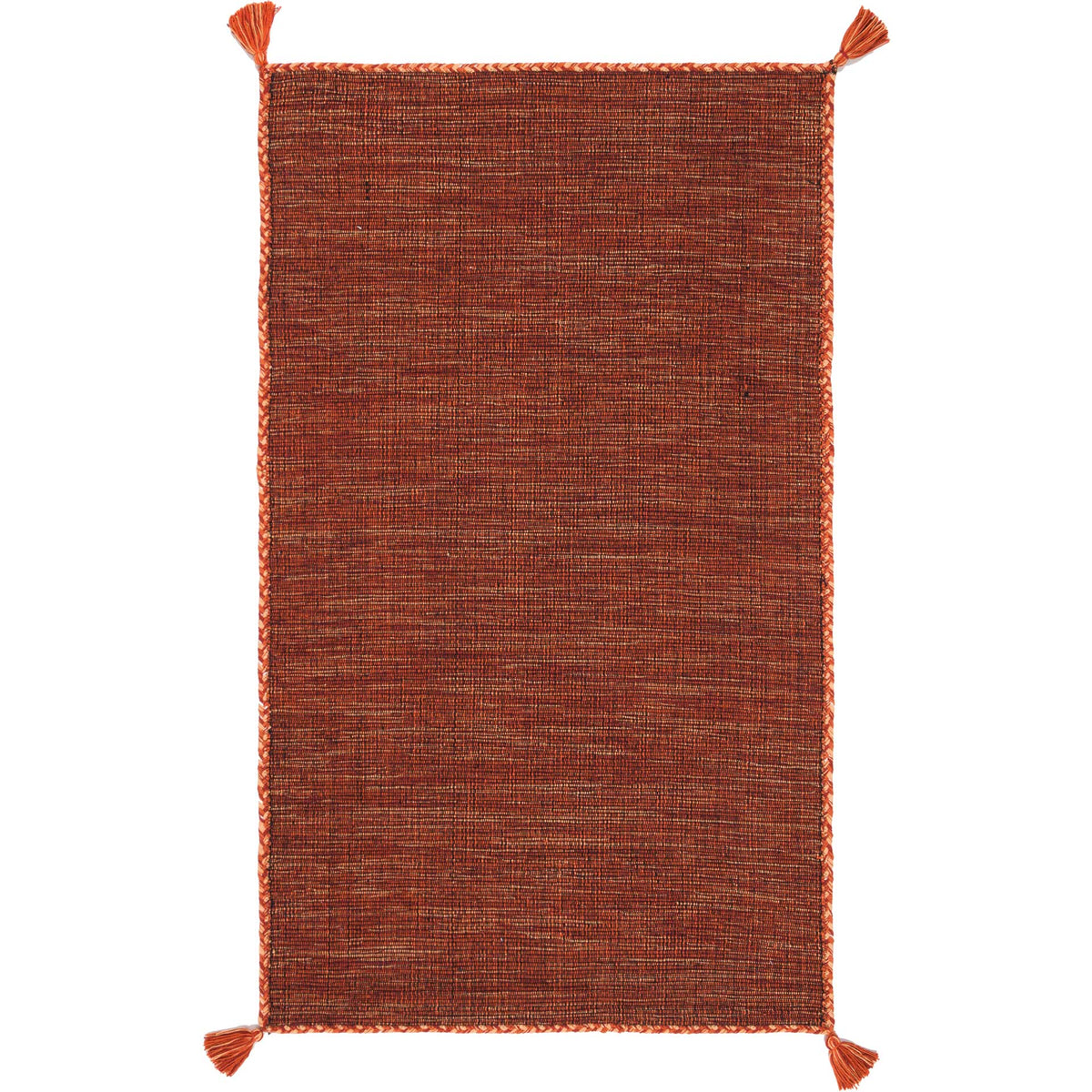 A compact orange and black cotton rug features a vibrant textured field and corner tassels.