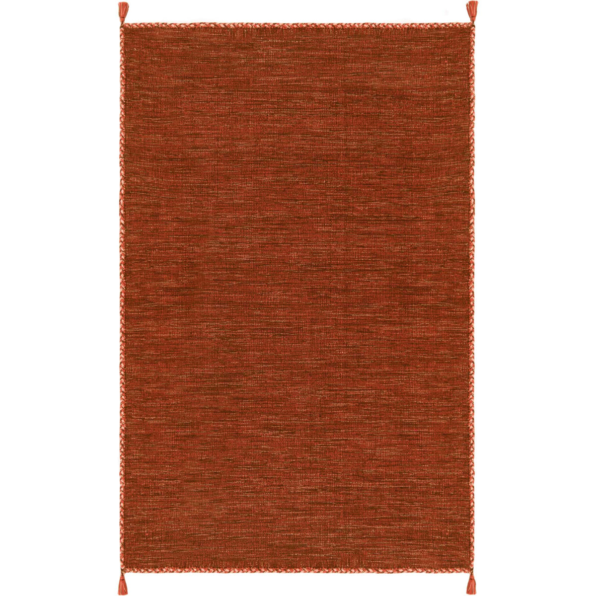 A 5' x 8' orange and black rug pairs a closely woven cotton surface with braided edges.