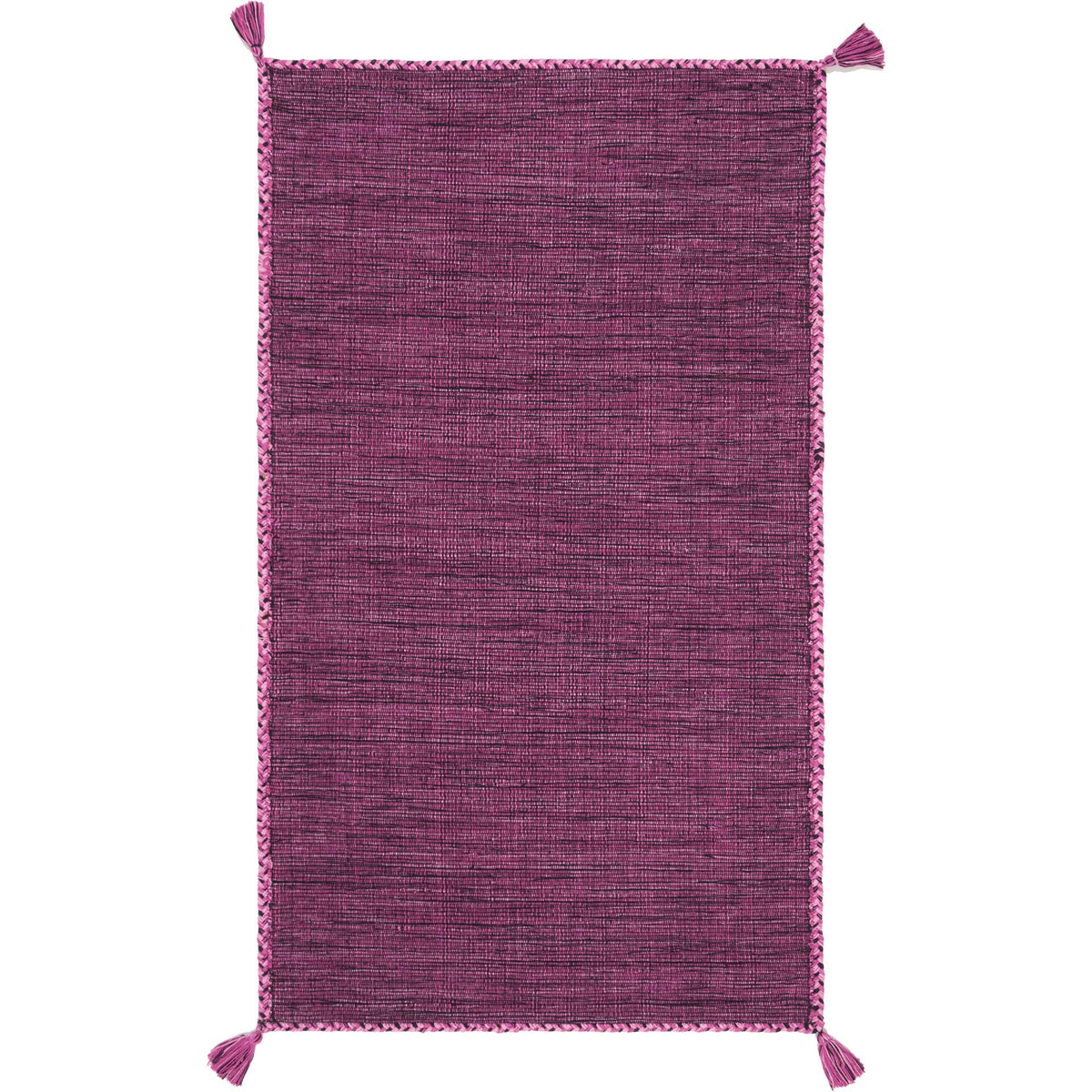 A small purple and black cotton rug offers a richly mottled field and corner tassels.