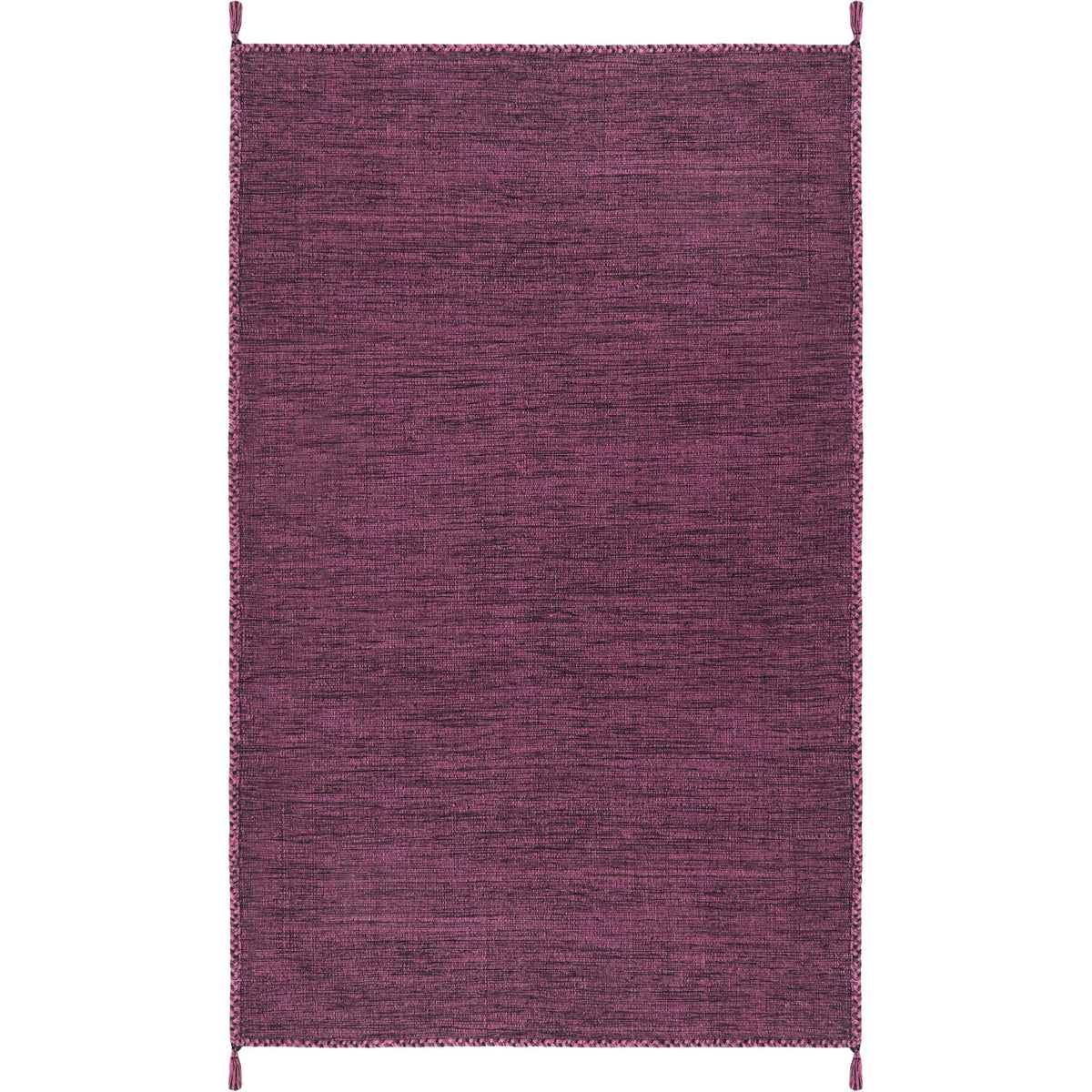 A 5' x 8' purple and black rug pairs a finely woven surface with braided edges.