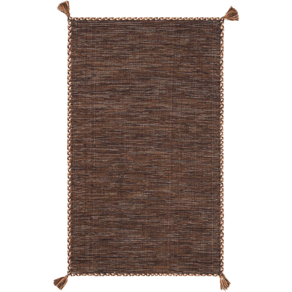 A small brown and black cotton rug brings rich tonal texture, a braided border, and corner tassels.