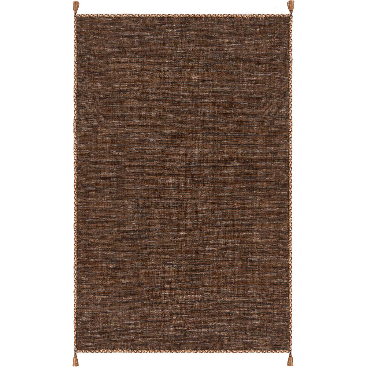 A 5' x 8' brown and black rug pairs a finely textured weave with braided edging and corner tassels.