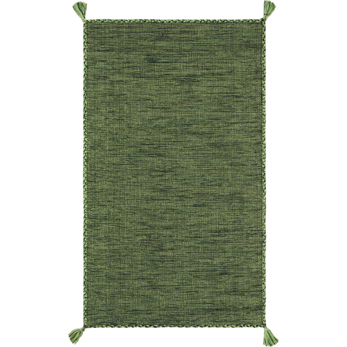 A small green and black rug brings lively tonal threads, braided borders, and corner tassels.