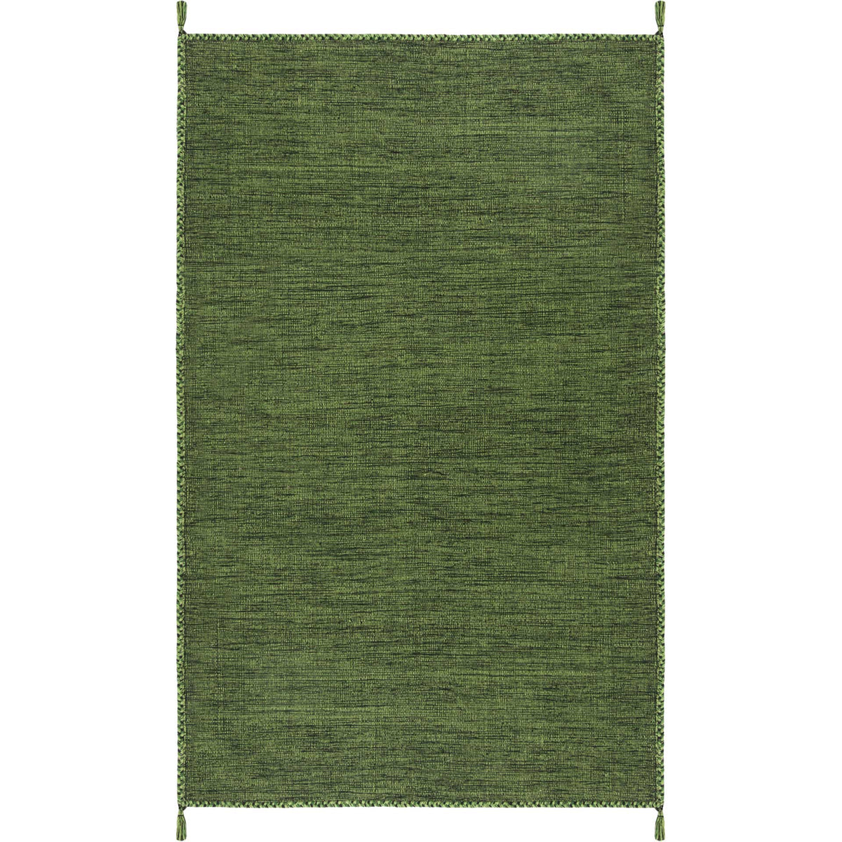 A 5' x 8' green and black area rug balances variegated cotton texture with braided edging.