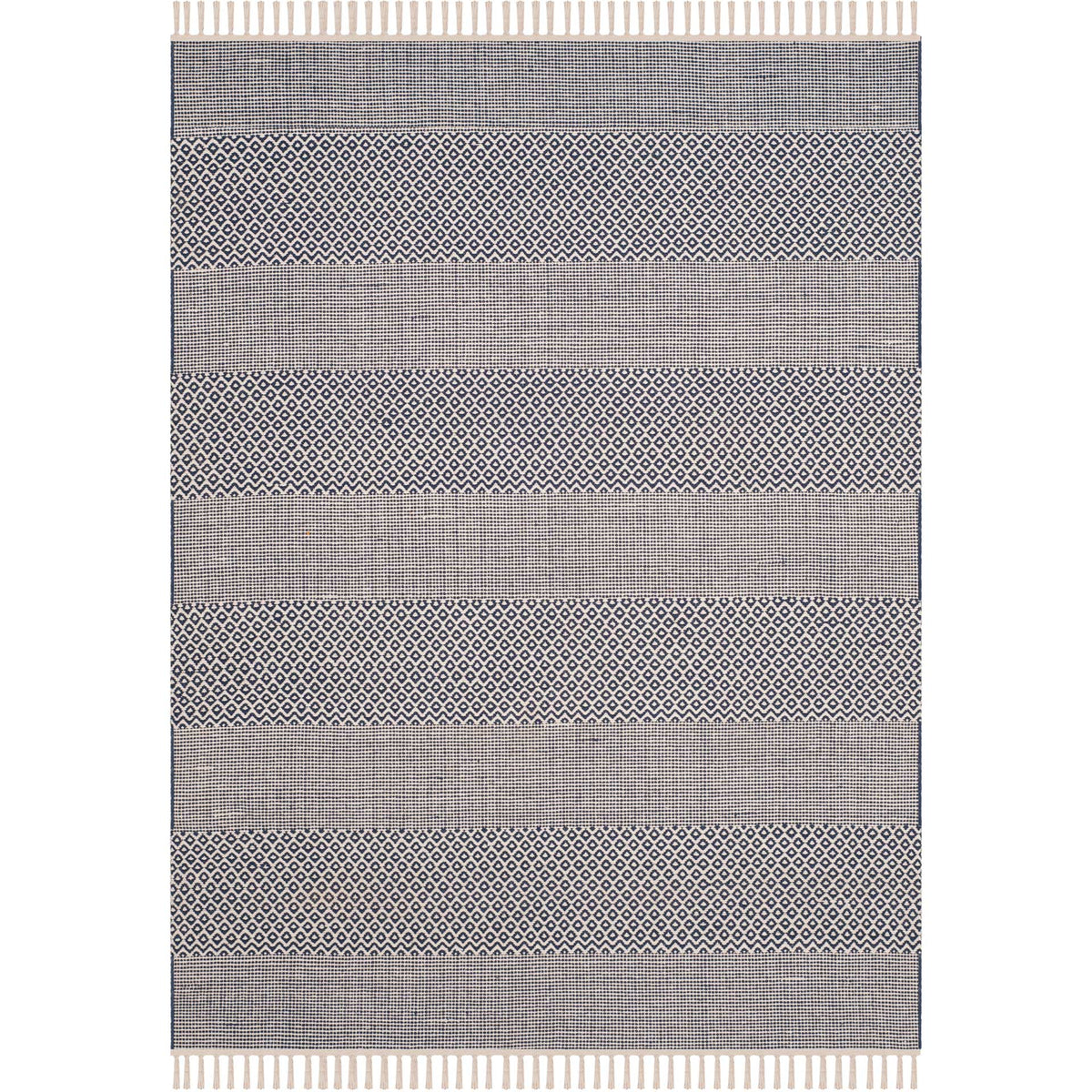 Compact ivory and navy rug pairs lattice motifs with finely woven stripes and fringe