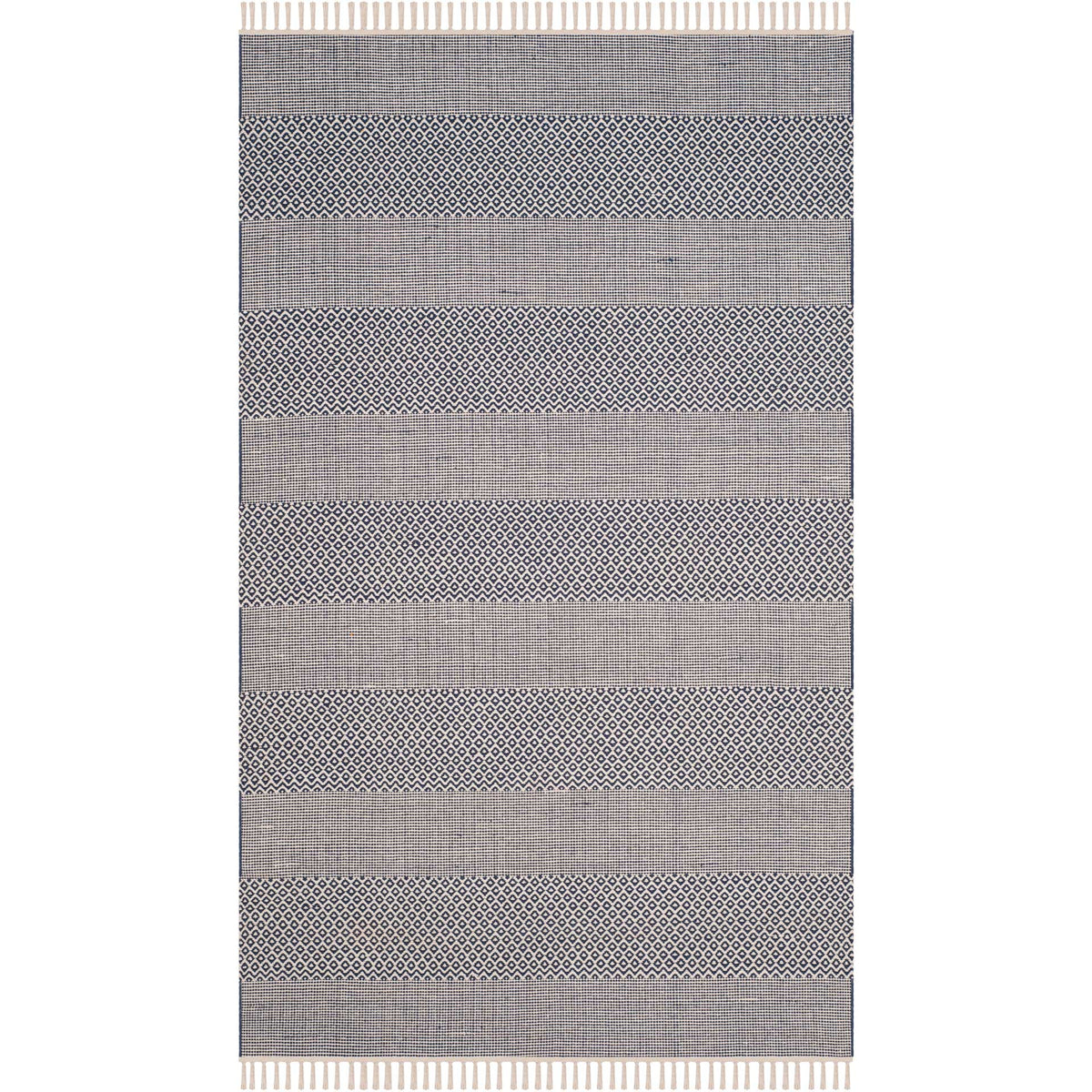 Ivory and navy cotton rug adds patterned horizontal bands and tasseled ivory fringe