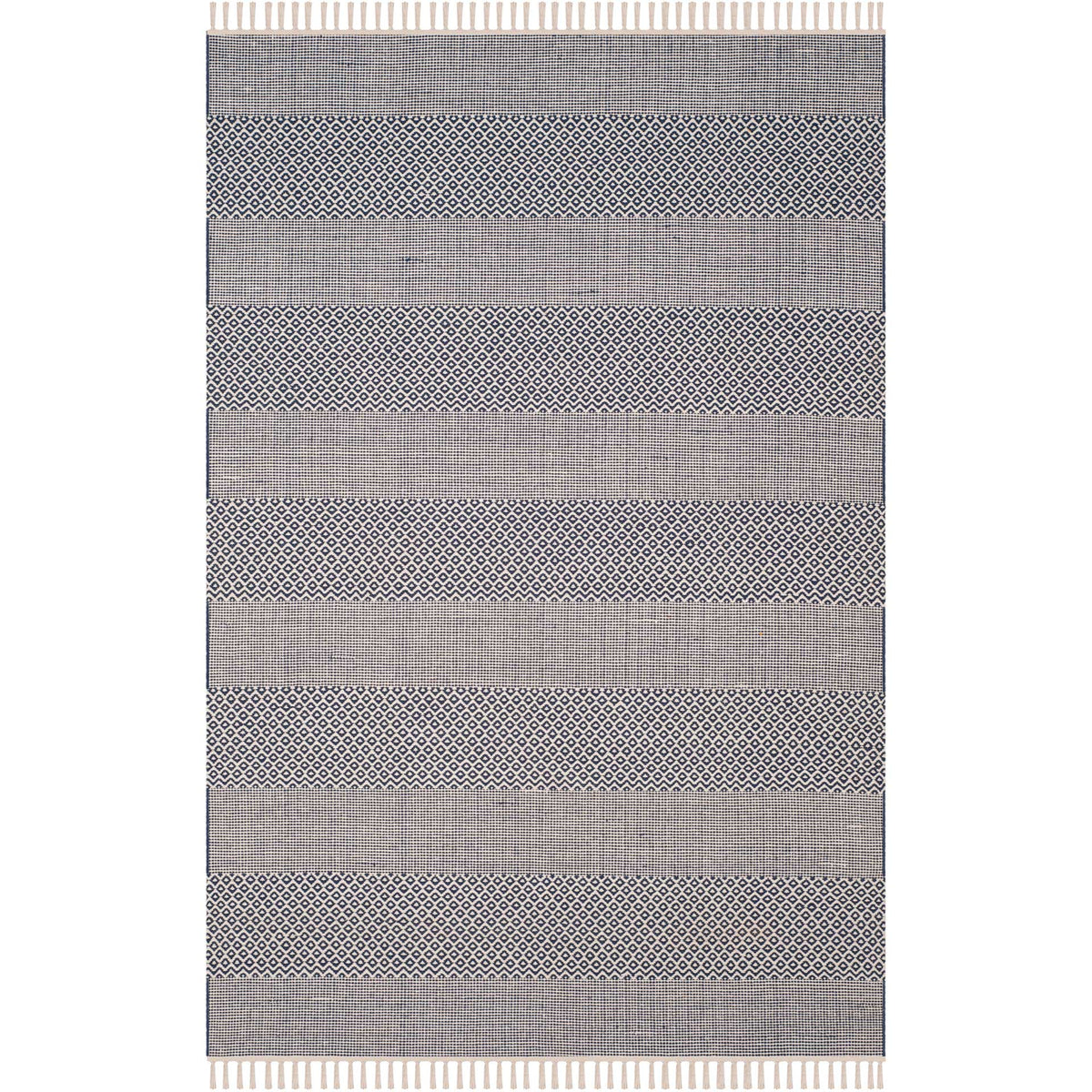 Handwoven ivory and navy rug features alternating diamondwork and fine striped bands